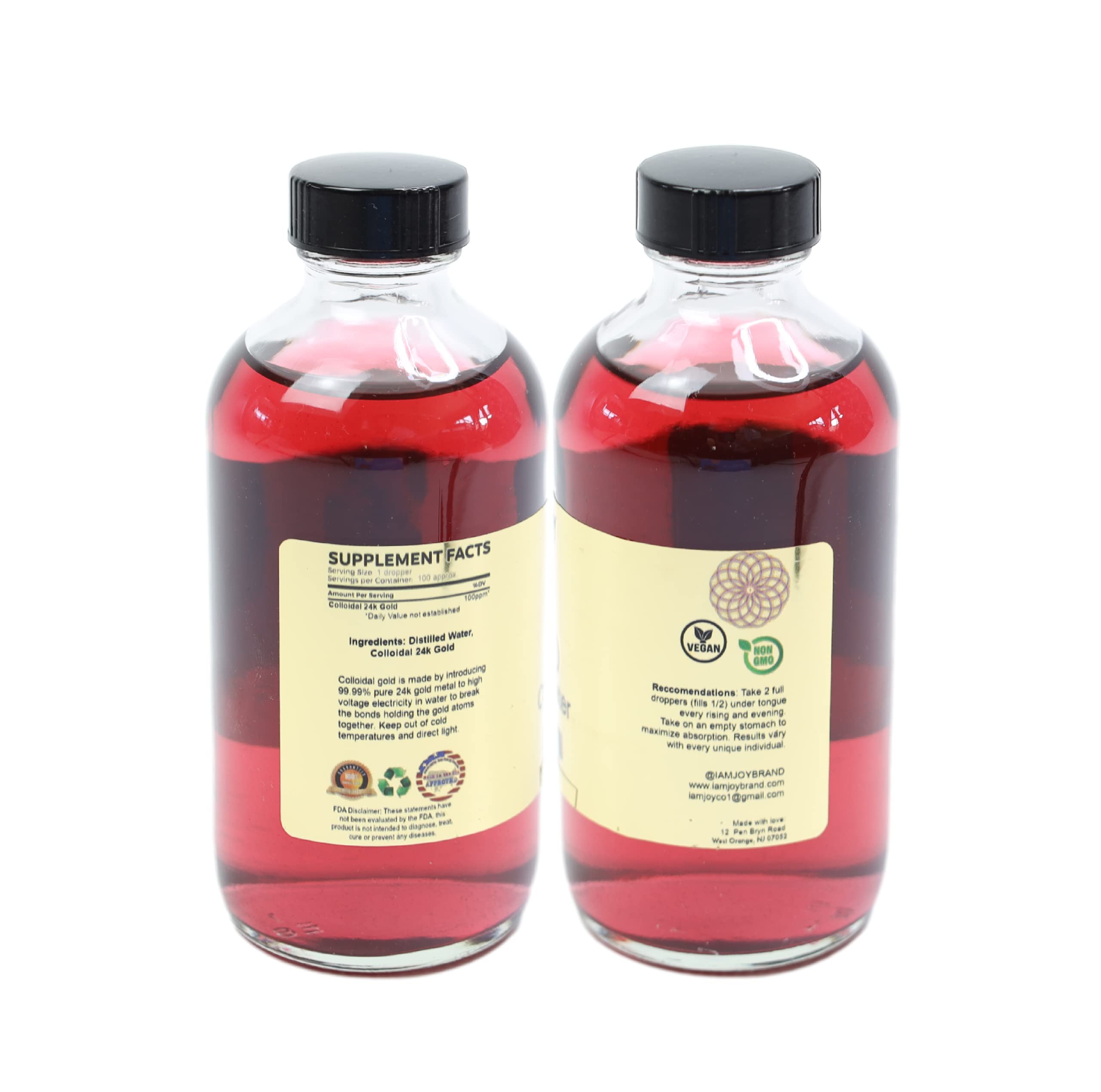 I Am Joy co. Liquid Colloidal Gold 24k 99.99% Pure 100ppm Ruby Red Water Based All Natural Electrolysis 4oz Glass Bottle