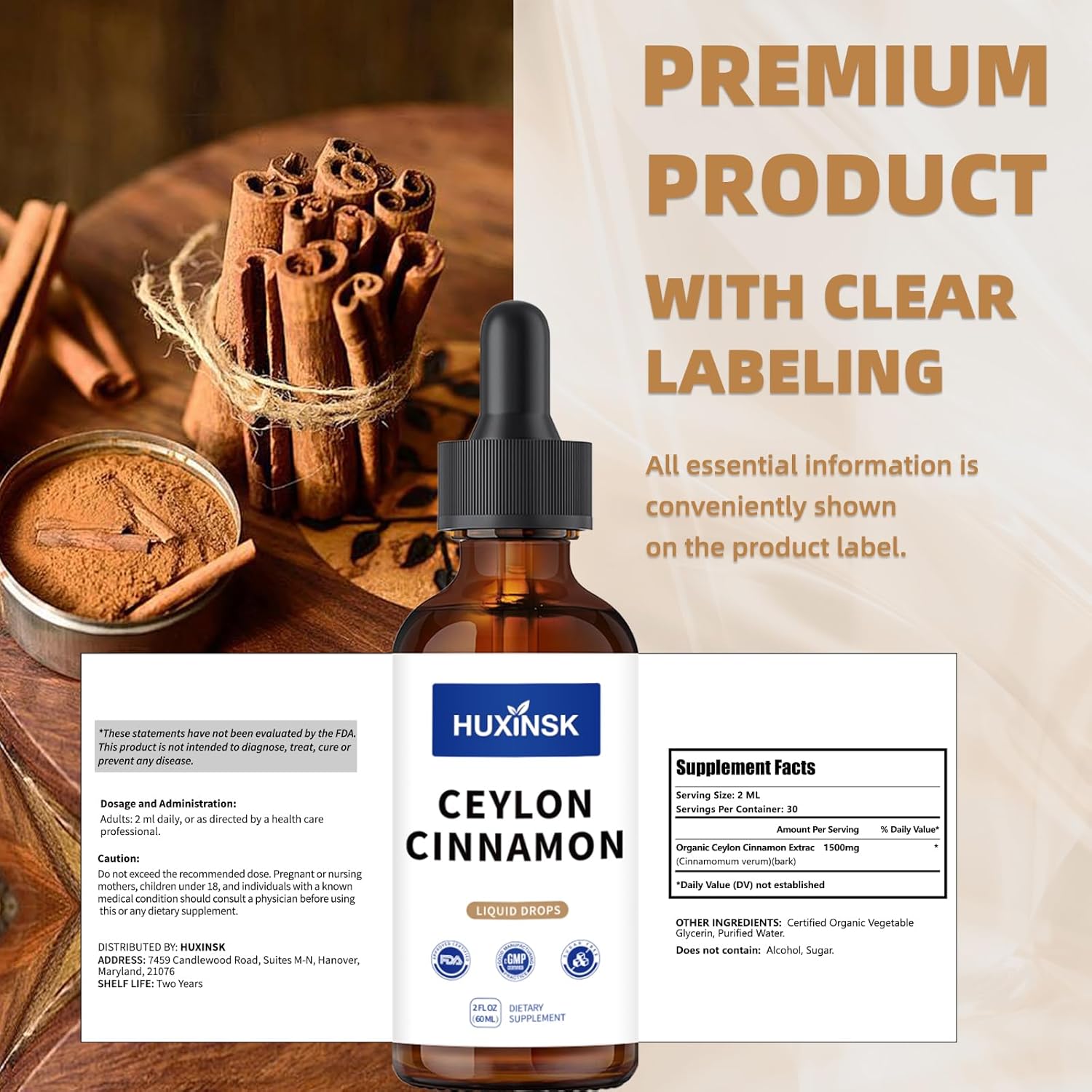Ceylon Cinnamon Liquid Drops Extract | Pure Cinnamomum Zeylanicum | Supports Healthy Metabolism | Alcohol-Free, 60ml Vegan Tincture