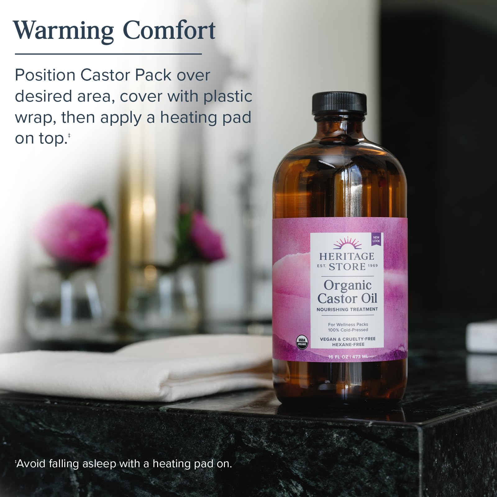 HERITAGE STORE Organic Castor Oil - Glass Bottle - Nourishing Treatment for Hair and Skin - Eyelash Serum for Eyelashes, Brows, Castor Oil Packs - Cold Pressed, Hexane Free, Vegan 16oz